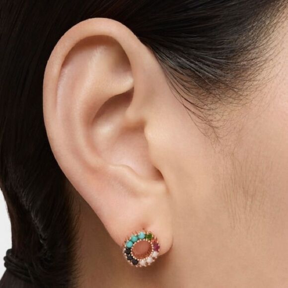 Tous STRAIGHT SMALL DISC EARRINGS IN ROSE SILVER VERMEIL WITH GEMSTONES - Picture 1 of 9
